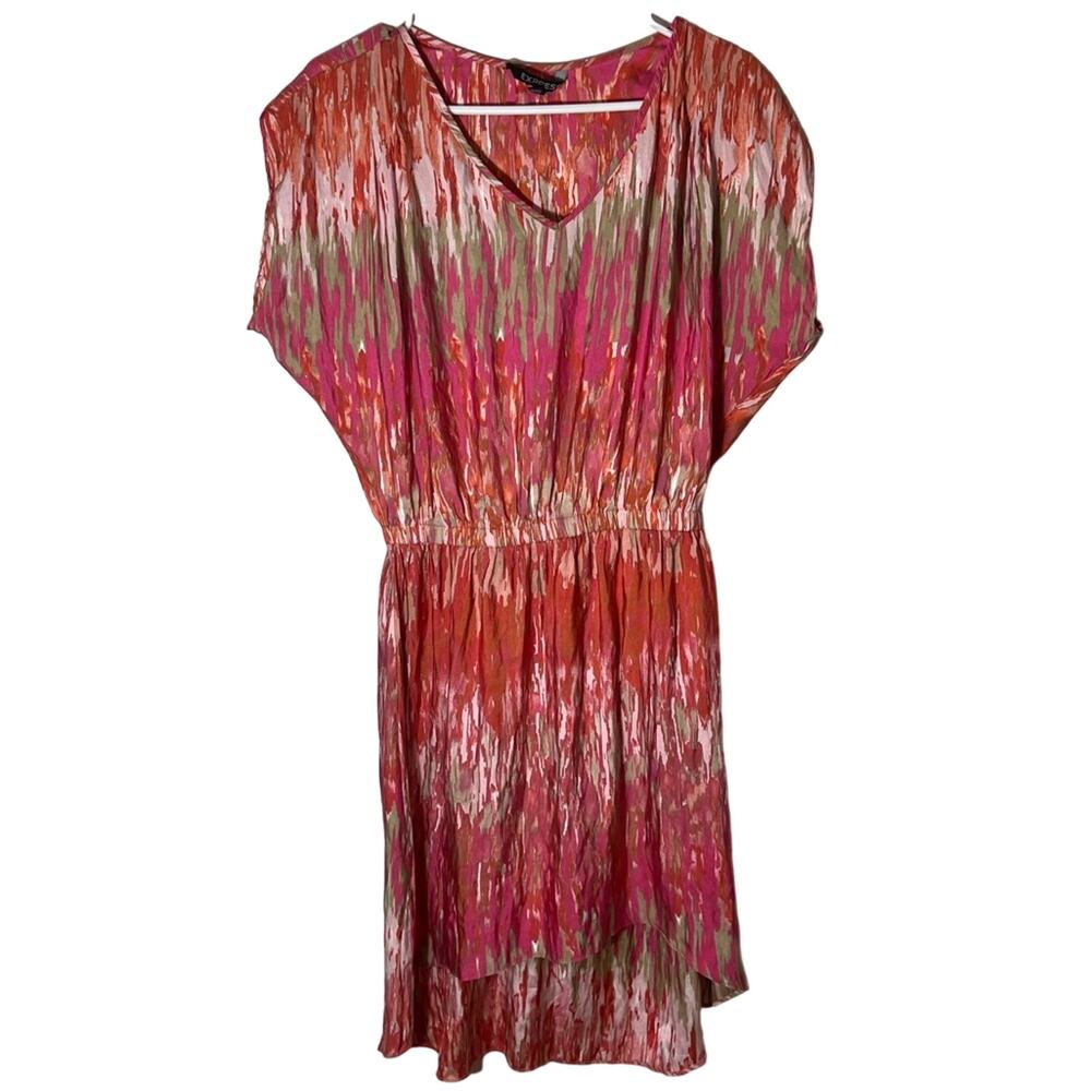 Express high low pink coral abstract print dress silky soft elastic waist size M